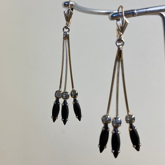 Avon Gold Tone Dangle Drop Earrings Black Marquise Crystals - Picture 5 of 7